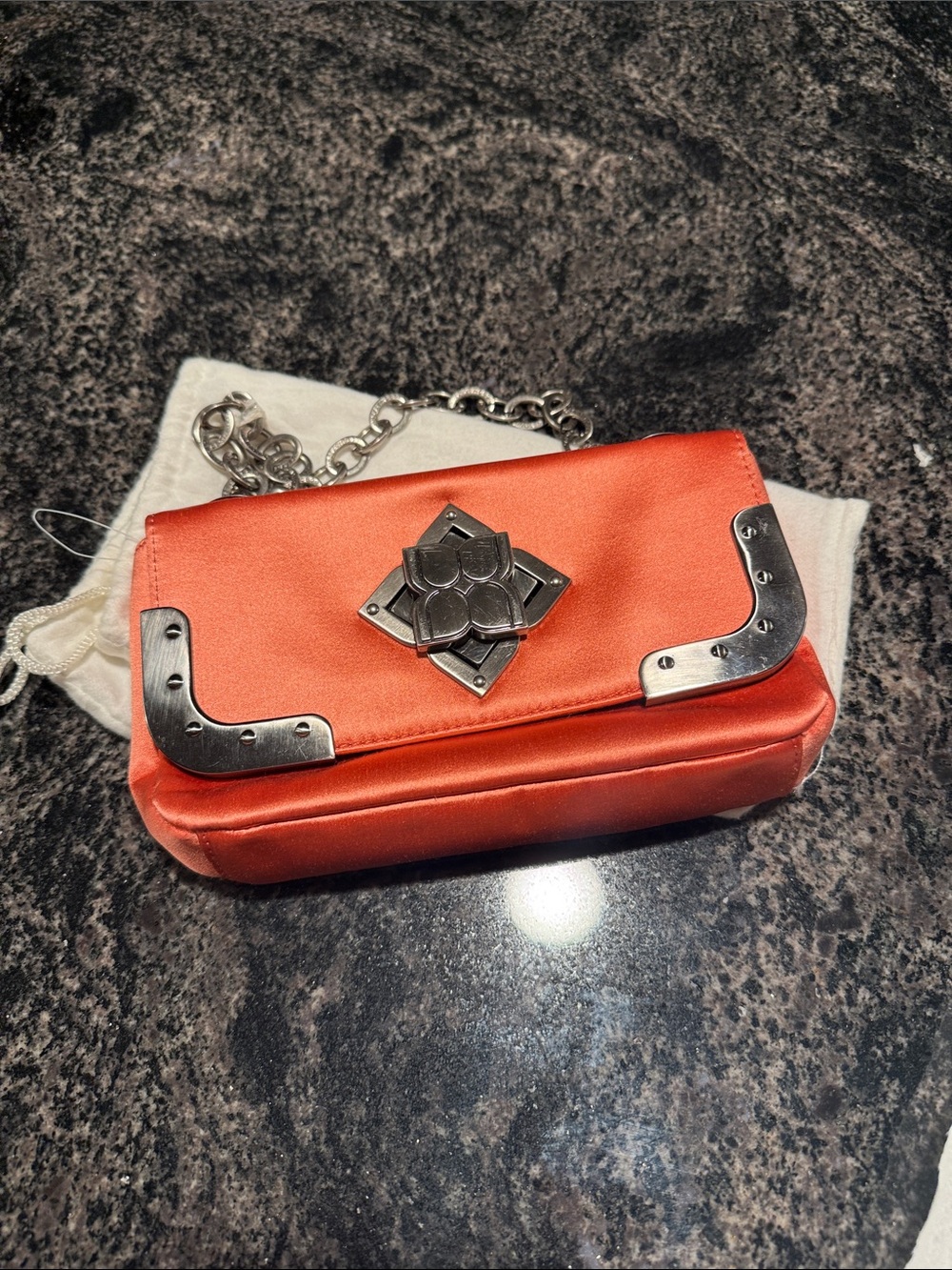 BCBG Orange Satin Chain Shoulder Bag with Floral Metal Accent